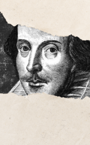 Torn paper covers part of Shakespeare's visage