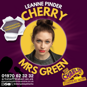 Leanne Pinder is Cherry and Mrs Green, a woman with a purple and yellow background