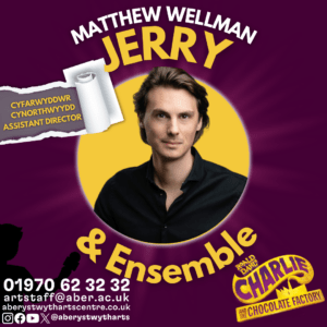 Matthew Wellman is Jerry and Ensemble, a man against a yellow and purple background