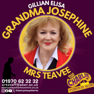 Gillian Elisa is Grandma Josephine and Mrs Teavee, purple and yellow background