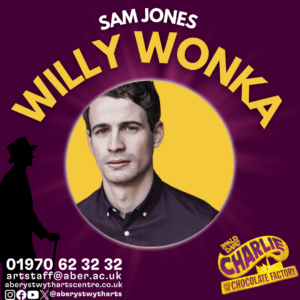 sam jones as willy wonka, a poster showing his face on a yellow and purple background
