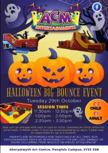 Purple poster with ACM logo, images of bouncy castles and a cluster of pumpkins in the middle